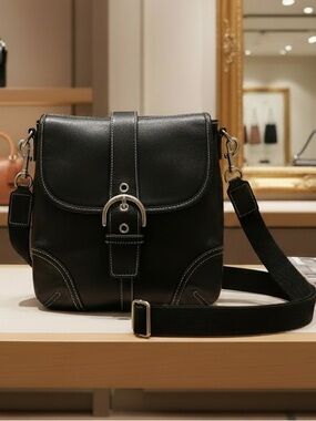 Coach Black Leather Crossbody Bag Flap Buckle Legacy Style Adjustable Strap